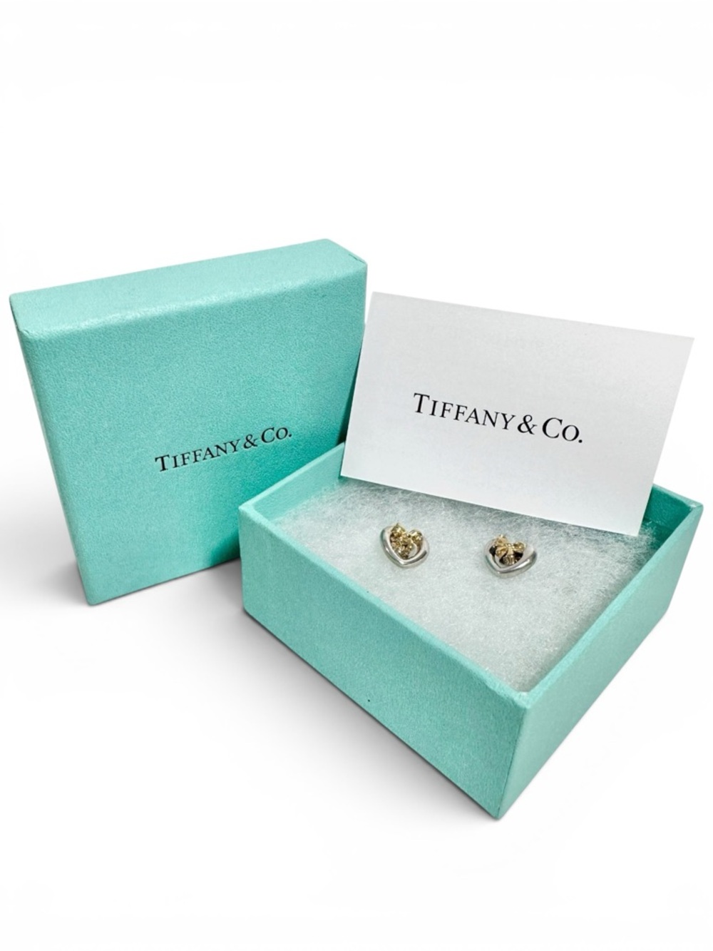 Tiffany & Co. Engraved 925 Silver Heart & 18K Gold Bow Stud Earrings Set w.Box - Picture 13 of 13